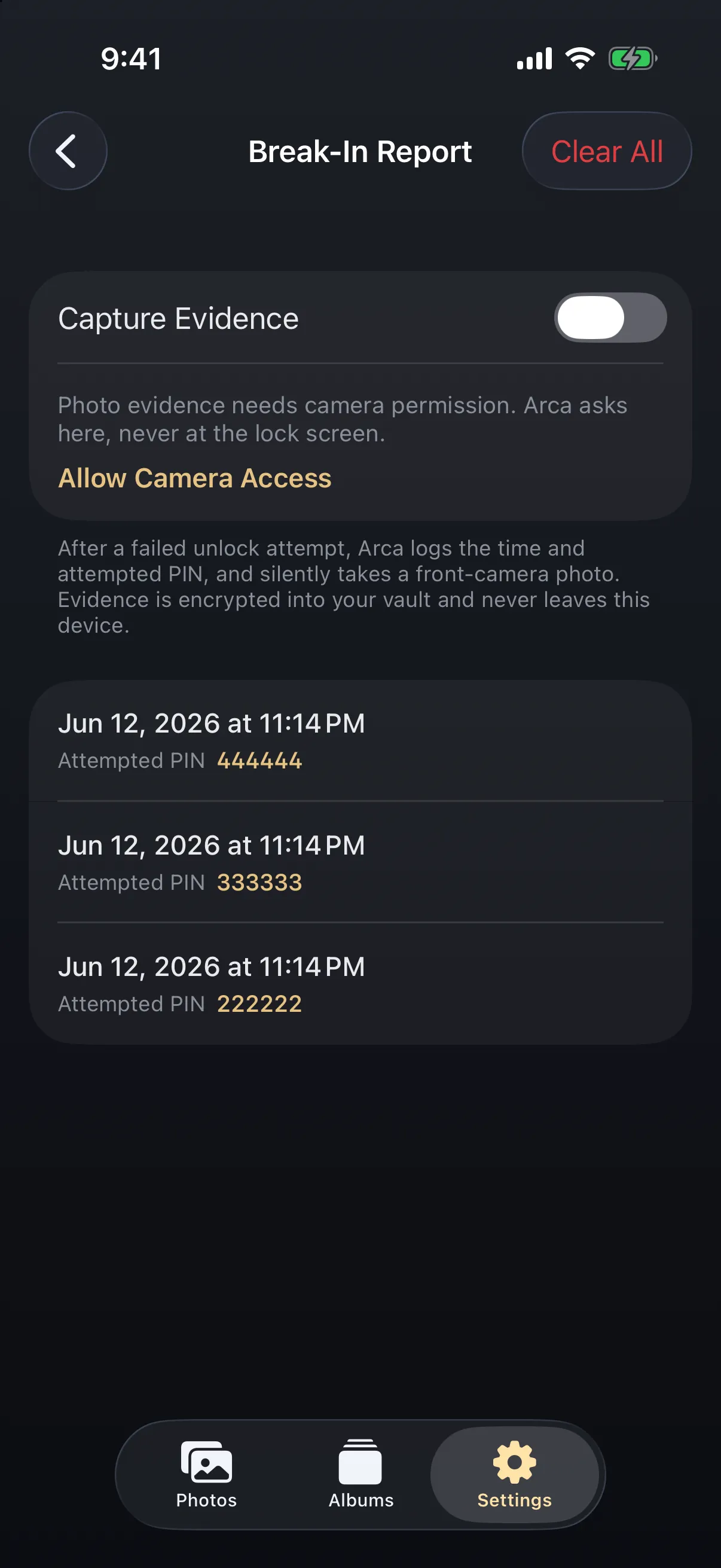 Arca's Break-In Report listing failed unlock attempts with the time and the attempted PIN