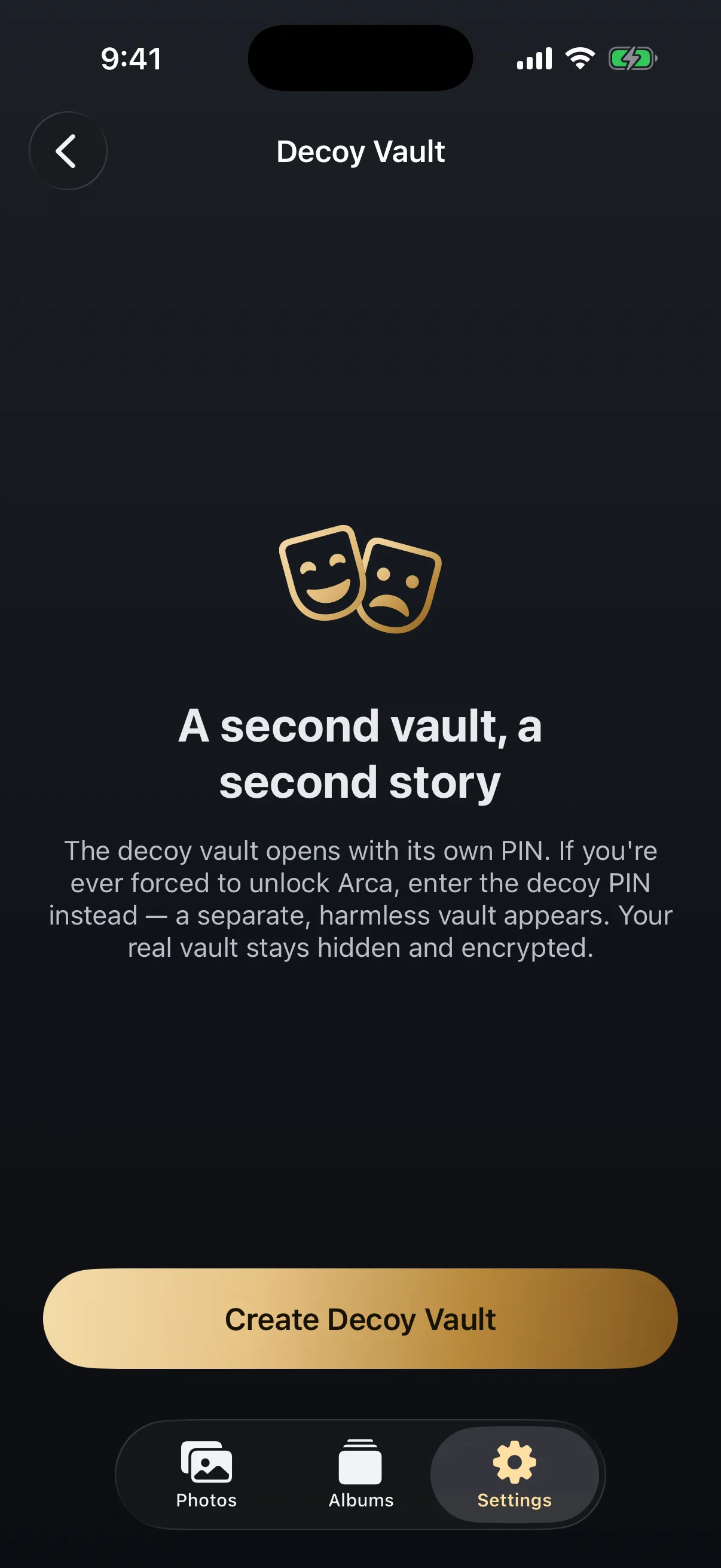 Setting up a decoy vault with its own PIN in the Arca app on iPhone