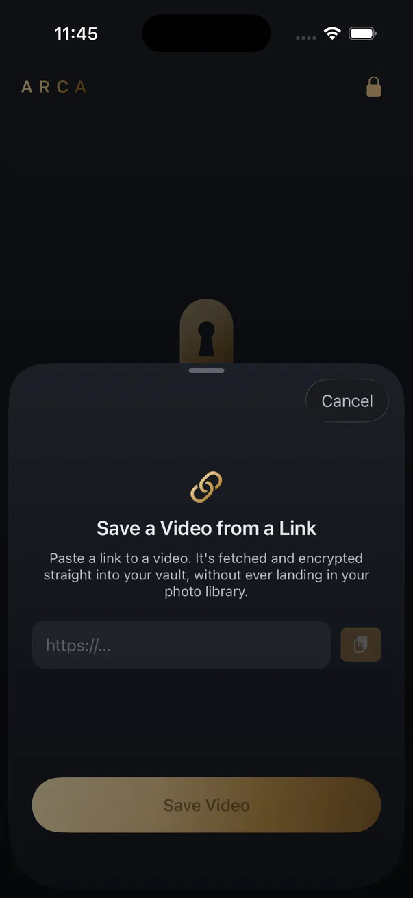 Arca's Save from Link screen on iPhone, which saves a TikTok video as an encrypted MP4 rather than a Live Photo