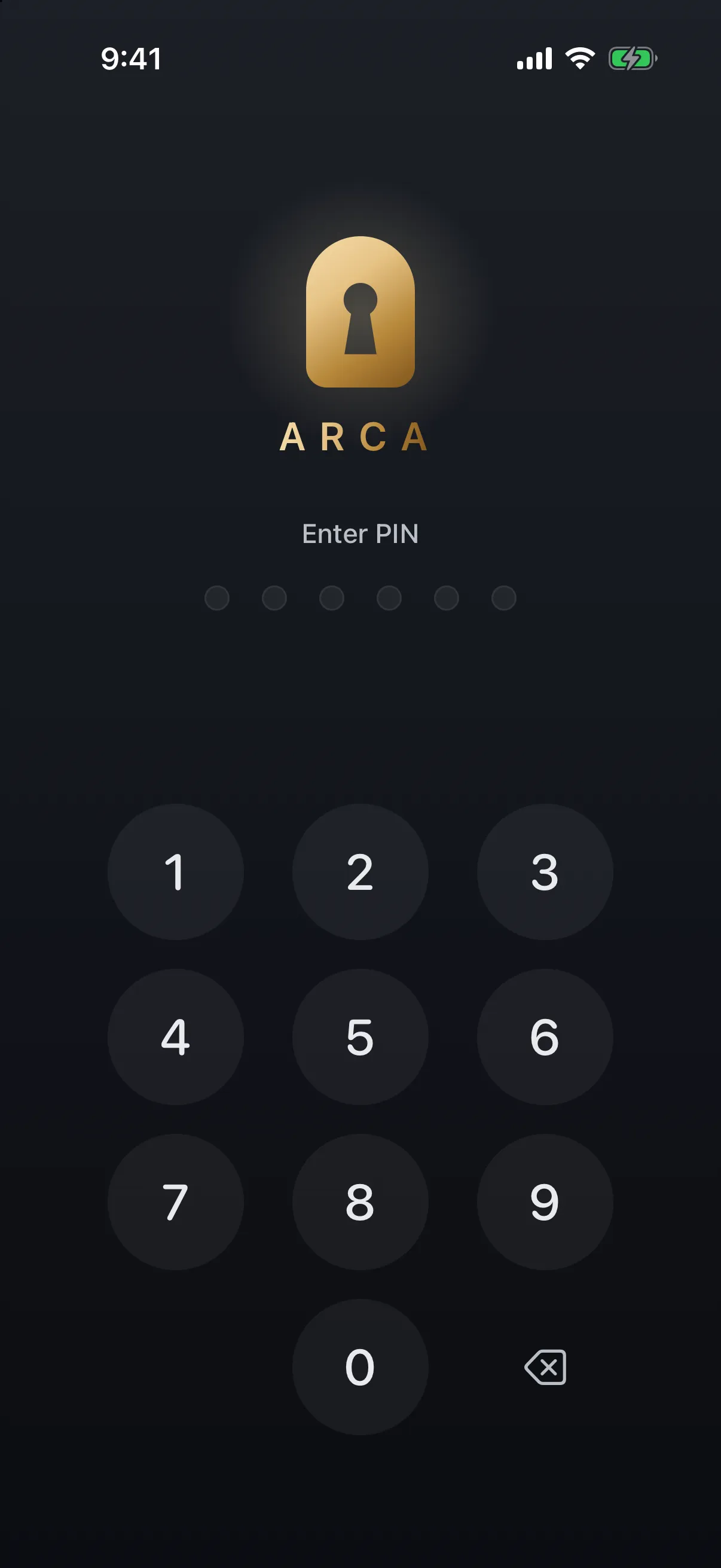 The Arca vault PIN screen on iPhone